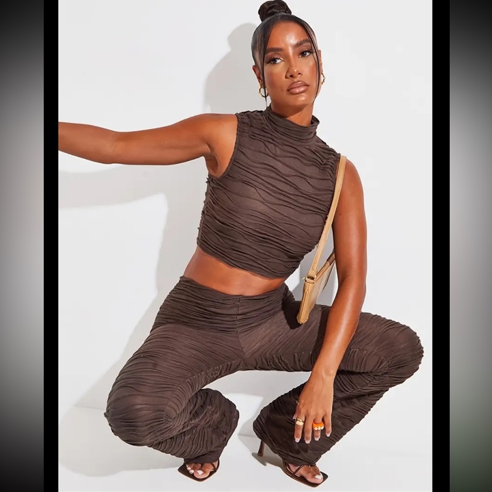 Large Y2K Brown Abstract Ruched Set Crop Top & High Waist Pants Light & Stretchy